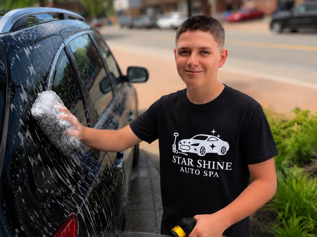 Émile qui savonne une auto avec le chandail Star Shine